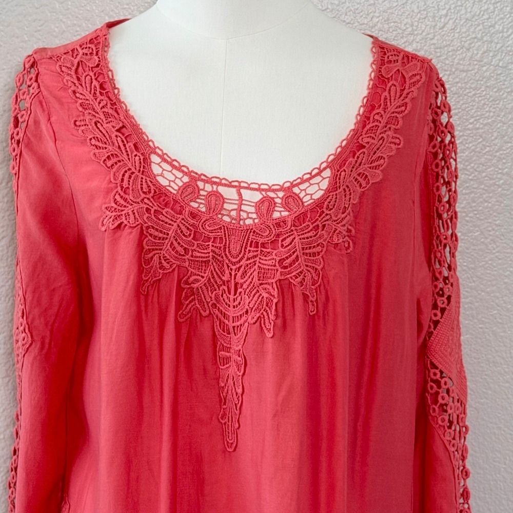 XCVI Coral Pink Cotton Silk Crochet Lace Tunic Top Bohemian Romantic Beachy Sz M - Picture 11 of 16